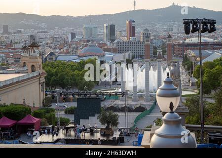 beautiful view from the mnac or palau nacional on the avinguda de la reina maria cristina and the plaza d espanya barcelona catalonia at dawn Stock Photo