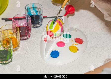 Close up view of child painting eggs for Easter. Holiday concept. Sweden. Stock Photo
