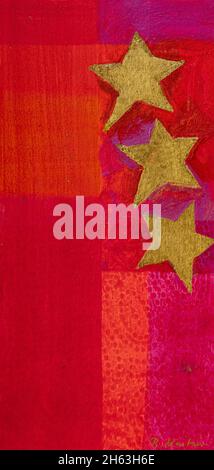 regine martin,painting,acrylic,colored pencil,with gold leaf coating: three gold stars on a red background Stock Photo