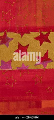 regine martin,painting,acrylic,colored pencil,with gold leaf coating: stars on a gold and red background Stock Photo