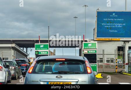 Cars waiting to board an Irish Ferries ship at Holyhead Port, North Wales, UK. Stock Photo