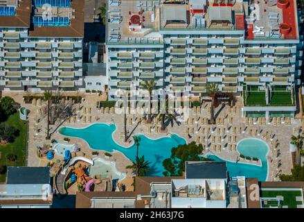 aerial photo,hotel complex iberostar alcudia park,empty deck chairs,alcudia,turquoise blue water on the beach of alcudia,platja d'alcudia,empty beach due to the corona pandemic,aneta (sa),mallorca,balearic island,balearic islands,baleares,spain Stock Photo