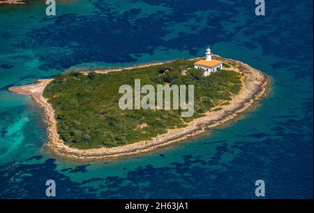 aerial view,alcanada lighthouse island,in the turquoise-green water,alcanada lighthouse illa alcanada,pont d'inca,sa creu vermella / la creu vermella,mallorca,balearic island,balearic islands,baleares,spain Stock Photo