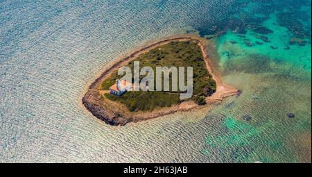 aerial view,alcanada lighthouse island,in the turquoise-green water,alcanada lighthouse illa alcanada,pont d'inca,sa creu vermella / la creu vermella,mallorca,balearic island,balearic islands,baleares,spain Stock Photo