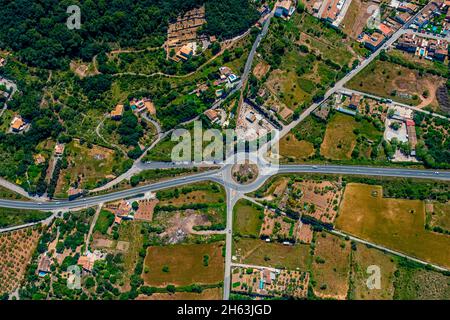 aerial view,roundabout carrer major,carrer nord,road ma-15,capdepera,balearic islands,mallorca,spain Stock Photo