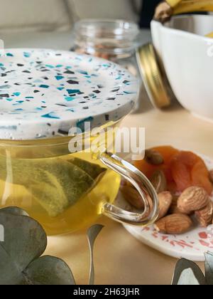 Handmade Marble clay and granite mixture clock in different compositions. Stock Photo