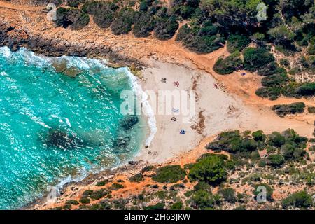 aerial view,bathers on the sandy beach in the bay of cala varques,manacor,mallorca,europe,balearic islands,spain Stock Photo