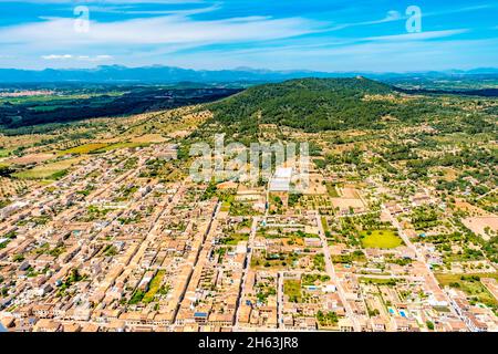 aerial view,town view vilafranca de bonany,santuari de bonany monastery on the puig de bonany,petra,europe,balearic islands,spain Stock Photo