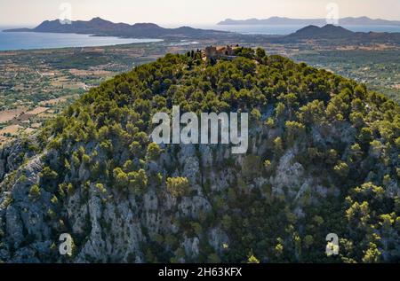 aerial view,mountain puig de maria with santuari de la mare de déu del puig,former monastery and chapel,pollença,mallorca,balearic islands,spain Stock Photo