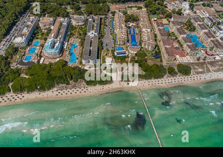 aerial view,hotel complexes on carrer dunes,beach and beach life,muro,balearic islands,mallorca,spain Stock Photo