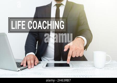 Text caption presenting Life Coaching. Conceptual photo person employed to help showing attain their goals in career Remote Office Work Online Stock Photo