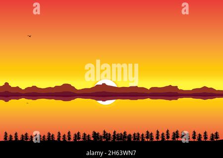 Sunset on the river and mountains. Vector illustration Stock Vector