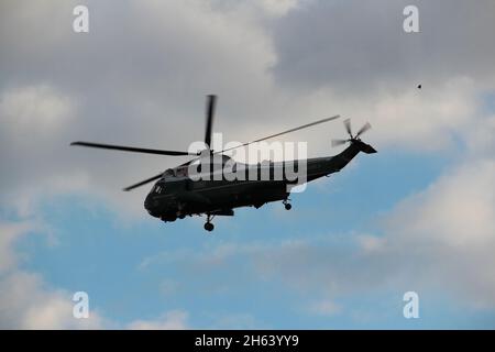 U.S. President Joe Biden aboard Marine One departs the University of Connecticut after a speech in Storrs, CT, U.S., Oct. 15, 2021. Stock Photo