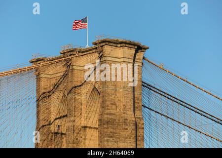 american flag on brooklyn bridge,new york city,new york,usa Stock Photo