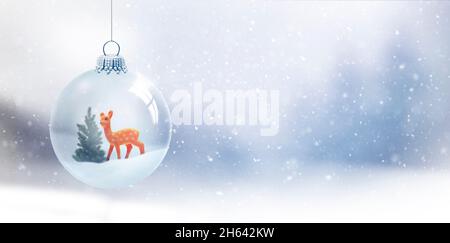 glass christmas ball with deer and fir tree in front of a blurred blue background with snowflakes Stock Photo