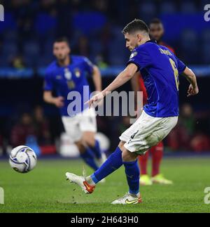 Rome, Italy. 12th Nov, 2021. Italy's Jorginho misses a penalty kick during the FIFA World Cup Qatar 2022 qualification Group C football match between Italy and Switzerland in Rome, Italy, on Nov.12, 2021. Credit: Augusto Casasoli/Xinhua/Alamy Live News Stock Photo
