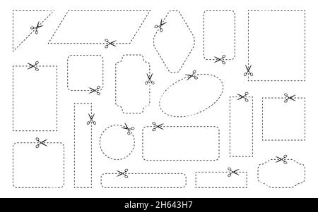 Empty coupon borders with thin dotted line. Set of different shapes square, rectangle with cut lines. Open scissor for cutting discount coupon. Cut out paper, tag Isolated on white vector illustration Stock Vector