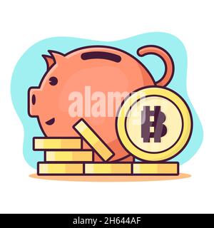 piggy bank with bitcoin coin isolated cartoon vector illustration in flat style Stock Vector