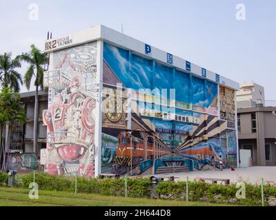 The welcome mural at Pier 2 Art Center in Kaohsiung, Taiwan. Stock Photo