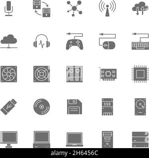 Set of Computer Components Grey Icons. System Unit, Console, Server and more. Stock Vector