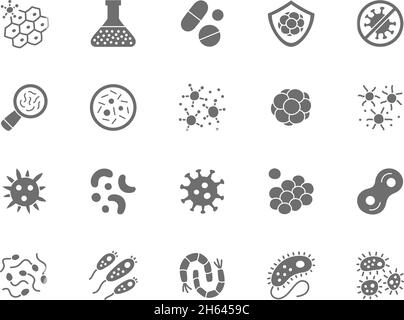 Set of Bacteria Grey Icons. Microbe, Germ, Cell, Caviar, Immune System and more. Stock Vector