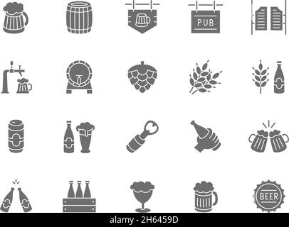 Set of Beer Grey Icons. Bottle Cap, Mug, Opener, Wheat Grain, Hop Cone and more. Stock Vector