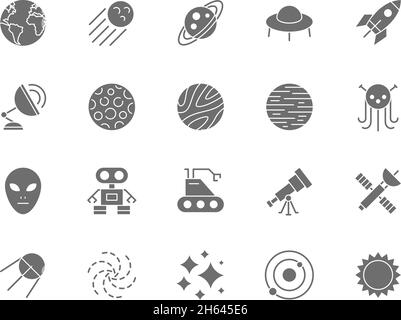 Set of Space Grey Icons. Sun, Solar System, Galaxy, Cosmos, Stars and more. Stock Vector