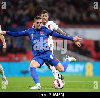 London, UK. 12th Nov, 2021. England's Jordan Henderson (front) scores a goal during the FIFA World Cup Qatar 2022 qualification Group C football match between England and Albania in London, Britain, on Nov.12, 2021. Credit: Li Ying/Xinhua/Alamy Live News Stock Photo
