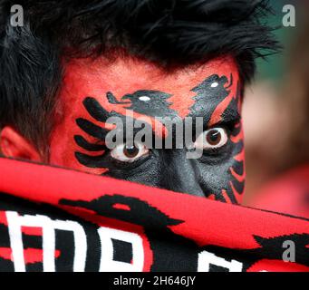 London, UK. 12th Nov, 2021. An Albania's fan is seen before the FIFA World Cup Qatar 2022 qualification Group C football match between England and Albania in London, Britain, on Nov.12, 2021. Credit: Li Ying/Xinhua/Alamy Live News Stock Photo