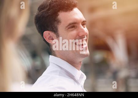laughing smiling businessman happy enjoy talking joke with friend, happiness moment Stock Photo