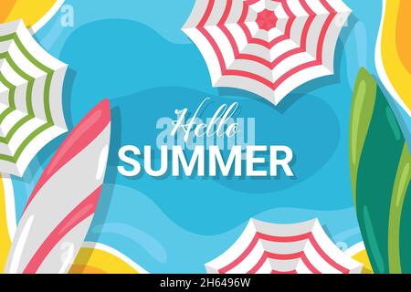 hello summer background with nice beach and colorful umbrellas Stock Vector