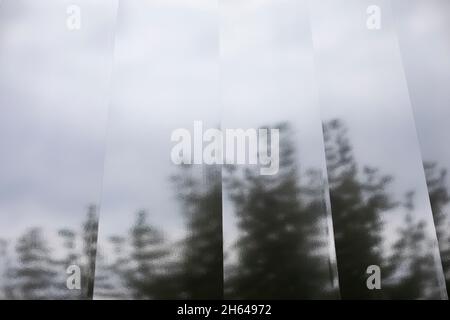 Distorted reflection of trees in the mirror. The structure of opaque glass. Outside shooting Stock Photo