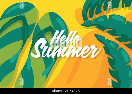 Welcome summer background with green sandals and palm trees. Stock Vector