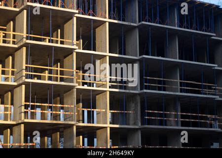 Start of construction of the building. Concrete construction. Ceilings in the house. Details of the construction site. Stock Photo