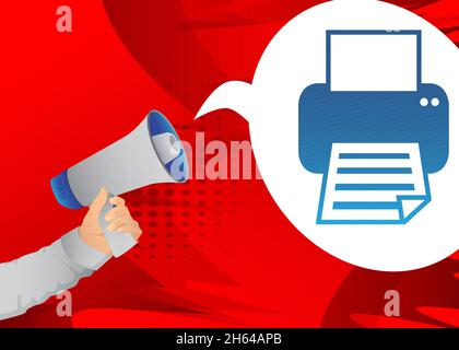 Retro megaphone with Printer icon. Attention concept announcement. Print, printing business concept. Stock Vector