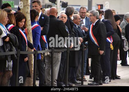 Marseille, France. 11th Nov, 2021. French deputy Jean-Luc Mélenchon (R) seen during the Armistice day ceremony. Jean-Luc Mélenchon is a candidate for the French presidential elections of 2022. Armistice Day is commemorated every year on 11 November to mark the armistice signed between the allies of world war 1 and Germany for the cessation of hostilities and military operations. Credit: SOPA Images Limited/Alamy Live News Stock Photo