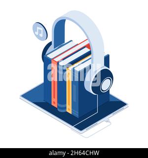 Flat 3d Isometric Book and Headphone On Digital Tablet. Audio Book Concept. Stock Vector