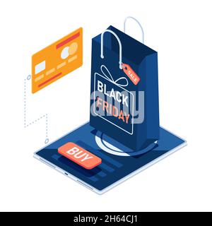 Flat 3d Isometric Black Friday Sale Shopping Bag on Digital Tablet and Credit Card. Black Friday Sale and Online Shopping Concept. Stock Vector