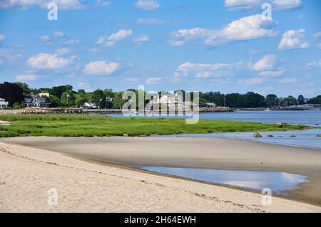 Old Greenwich, CT, USA-August 2020: Panoramic view over the beach and wetland of Greenwich Point Park or Tods Point with residential area in back Stock Photo