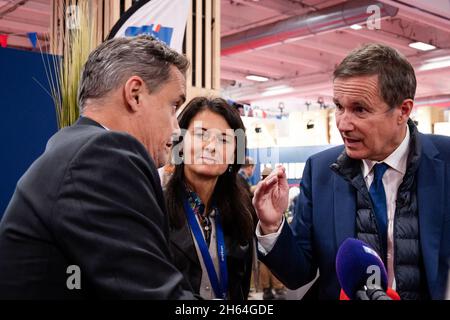 Paris, France. 12th Nov, 2021. French MP, head of the far-right party Debout la France (DLF) and candidate for the April 2022 presidential election Nicolas Dupont-Aignan visiting the Made In France Fair in Paris, France on November 12, 2021. Photo by Mylene Deroche/ABACAPRESS.COM Credit: Abaca Press/Alamy Live News Stock Photo