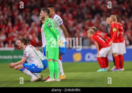 Copenhagen, Denmark. 12th Nov, 2021. The players of Faroe Islands line up for the UEFA World Cup qualifier between Denmark and Faroe Islands at Parken in Copenhagen. (Photo Credit: Gonzales Photo/Alamy Live News Stock Photo