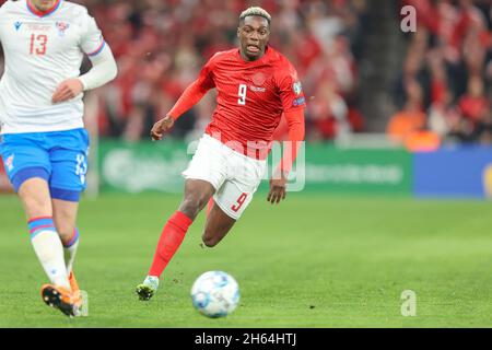 Copenhagen, Denmark. 12th Nov, 2021. Mohamed Daramy (9) of Denmark seen during the UEFA World Cup qualifier between Denmark and Faroe Islands at Parken in Copenhagen. (Photo Credit: Gonzales Photo/Alamy Live News Stock Photo