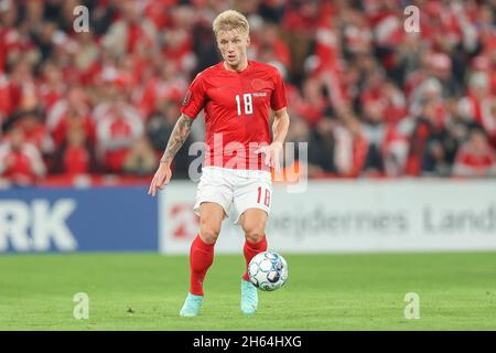 Copenhagen, Denmark. 12th Nov, 2021. Daniel Wass (18) of Denmark seen during the UEFA World Cup qualifier between Denmark and Faroe Islands at Parken in Copenhagen. (Photo Credit: Gonzales Photo/Alamy Live News Stock Photo