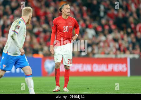 Copenhagen, Denmark. 12th Nov, 2021. Yussuf Poulsen (20) of Denmark seen during the UEFA World Cup qualifier between Denmark and Faroe Islands at Parken in Copenhagen. (Photo Credit: Gonzales Photo/Alamy Live News Stock Photo