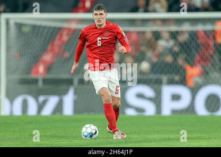 Copenhagen, Denmark. 12th Nov, 2021. Andreas Christensen (6) of Denmark seen during the UEFA World Cup qualifier between Denmark and Faroe Islands at Parken in Copenhagen. (Photo Credit: Gonzales Photo/Alamy Live News Stock Photo