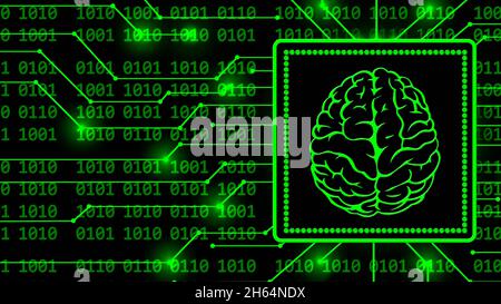Brain symbol in frame - abstract background of 4-digit binary code behind information connecting lines - symbolic of AI artificial intelligence Stock Photo