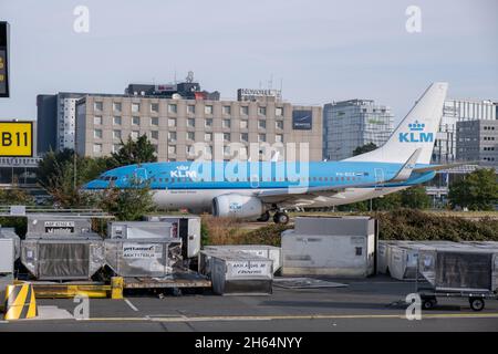 Paris, France - September 13, 2021: KLM Airpane passing in front of airport hotels in Charles de Gaule Airport Stock Photo
