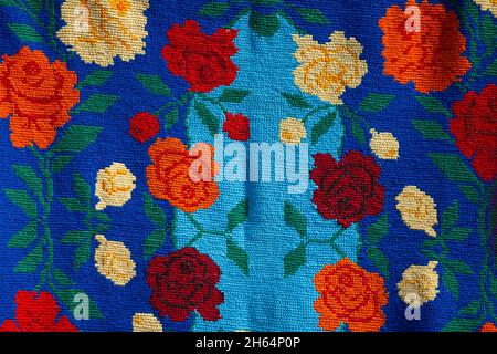 Slavic embroidered towels. National Ukrainian or Belarusian ethnic patterns on the fabric. Stock Photo