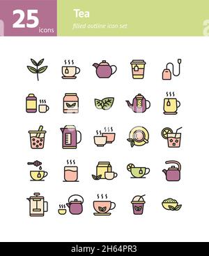 Tea filled outline icon set. Vector and Illustration. Stock Vector