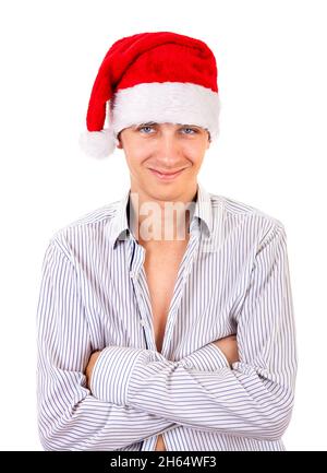 Young Man in Santa Hat and Unbuttoned Shirt Isolated on the White Background Stock Photo